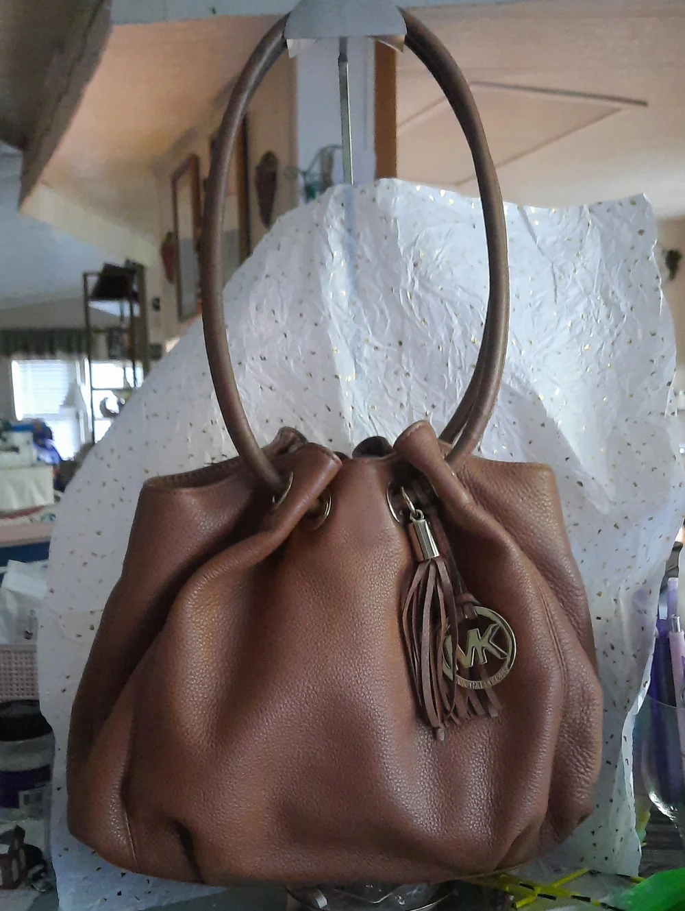 Michael Kors Tan Pebbled Leather Drawstring Hobo with Tassel Charm